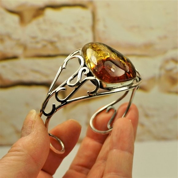 BALTIC AMBER Silver FLORAL Bracelet Multistone Amber Sterling Silver Cuff Bracelet Multicolor Genuine Amber Bracelet Holiday Gift For Women